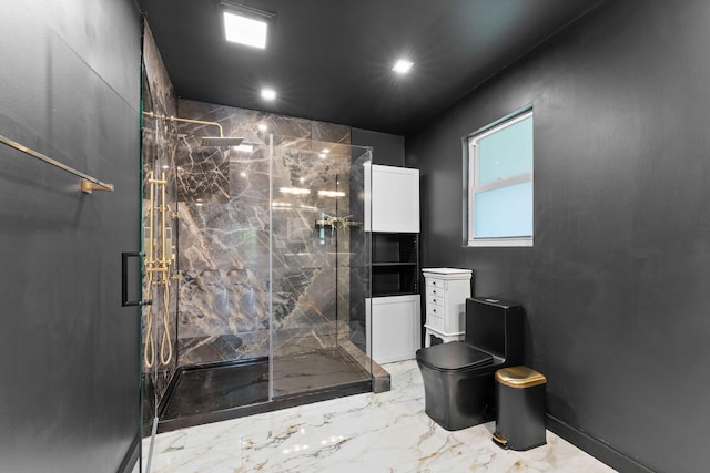 1772 SW Commodore Pl, Palm City, FL 34990 - bathroom with marble tiled floors, a marble finish shower, toilet, baseboards, and recessed lighting