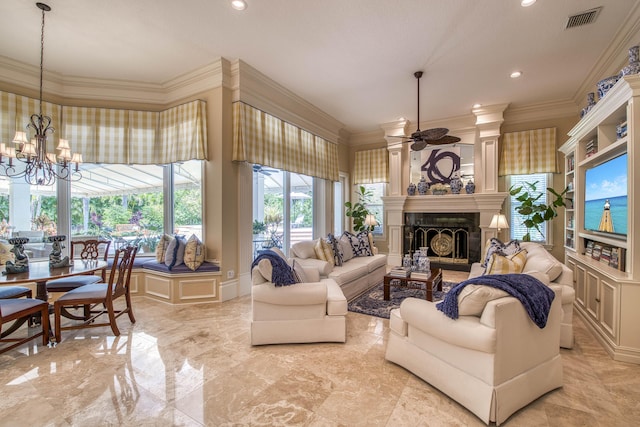 7656 Steeplechase Dr, Palm Beach Gardens, FL 33418 - living area featuring crown molding, recessed lighting, a fireplace, a chandelier, and light marble finish flooring