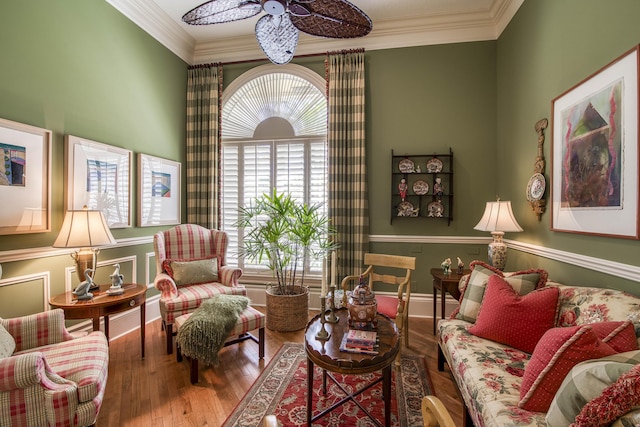 7656 Steeplechase Dr, Palm Beach Gardens, FL 33418 - living room with ceiling fan, wood finished floors, crown molding, and baseboards