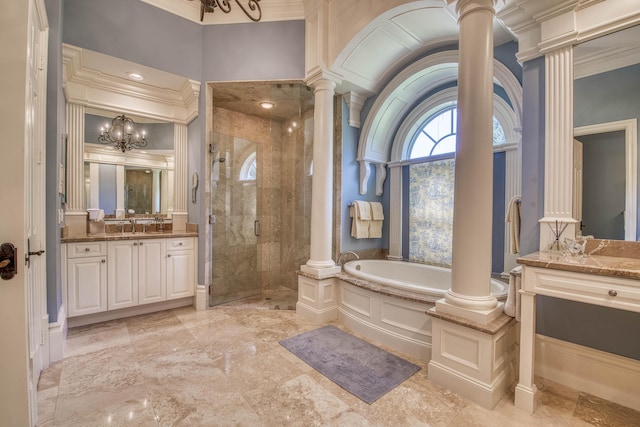 7656 Steeplechase Dr, Palm Beach Gardens, FL 33418 - full bathroom with ornate columns, a bath, a shower stall, vanity, and ornamental molding