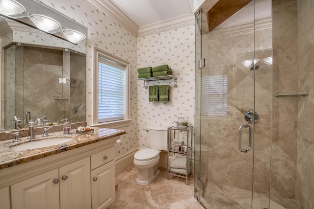 7656 Steeplechase Dr, Palm Beach Gardens, FL 33418 - full bath featuring ornamental molding, toilet, vanity, and a stall shower