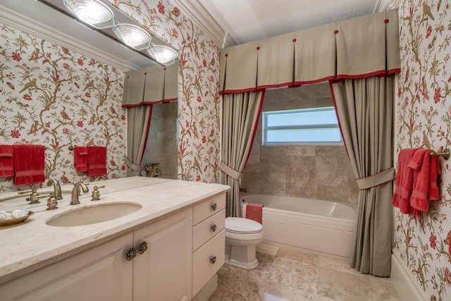 7656 Steeplechase Dr, Palm Beach Gardens, FL 33418 - full bath with wallpapered walls, toilet, vanity, shower / bath combination, and ornamental molding