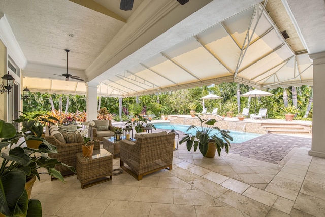7656 Steeplechase Dr, Palm Beach Gardens, FL 33418 - view of patio / terrace with ceiling fan, an outdoor living space, and an outdoor pool