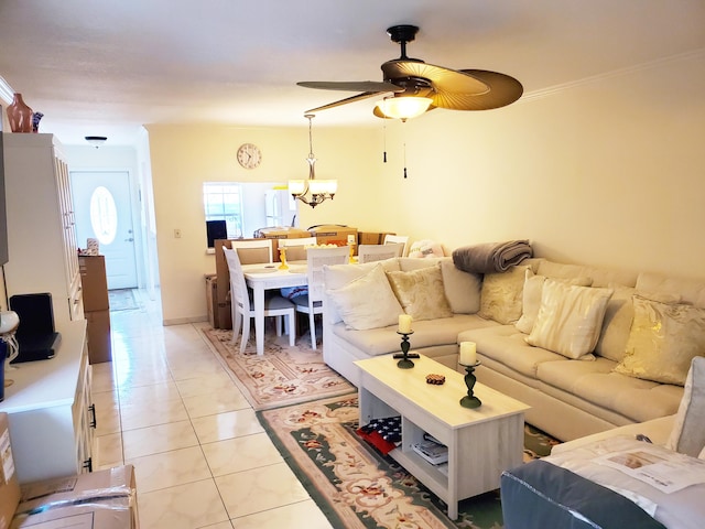 708 Laconia Cir Unit 708, Lake Worth, FL 33467 - living room with ceiling fan, light tile patterned flooring, and a chandelier