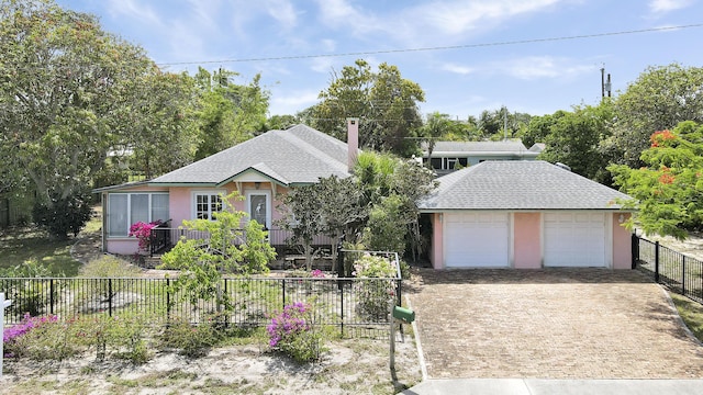 1709 N Palmway, Lake Worth Beach, FL 33460 - view of front of property with a detached garage, stucco siding, an outdoor structure, a shingled roof, and view of wooded area