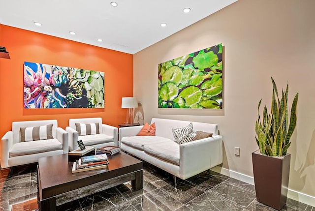 550 Okeechobee Blvd Unit Uph-15, West Palm Beach, FL 33401 - living room featuring recessed lighting, dark marble finish flooring, and baseboards