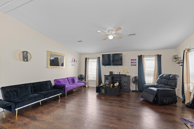 716 21st St, West Palm Beach, FL 33407 - living room with vaulted ceiling, ceiling fan, wood-type flooring, and baseboards