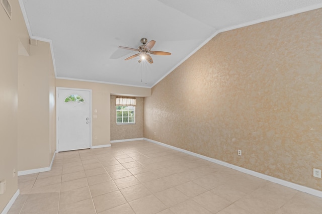 23444 Shetland Run, Boca Raton, FL 33433 - entrance foyer featuring crown molding, a ceiling fan, lofted ceiling, wallpapered walls, and light tile patterned floors