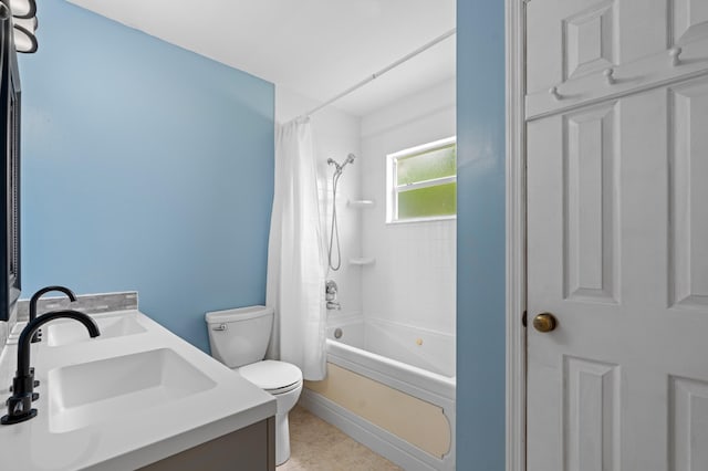 23444 Shetland Run, Boca Raton, FL 33433 - bathroom with toilet, shower / bath combo, double vanity, tile patterned flooring, and baseboards