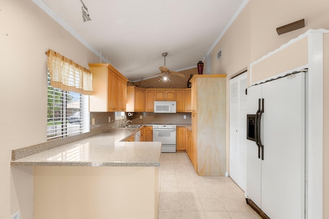 23444 Shetland Run, Boca Raton, FL 33433 - kitchen featuring white appliances, ornamental molding, a peninsula, lofted ceiling, and a sink