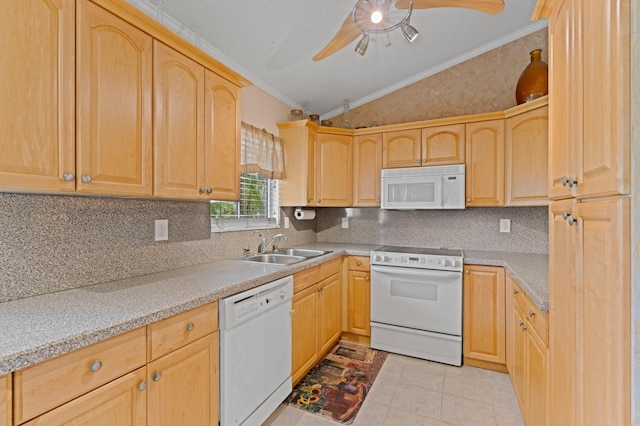 23444 Shetland Run, Boca Raton, FL 33433 - kitchen with white appliances, a sink, ornamental molding, vaulted ceiling, and light brown cabinetry