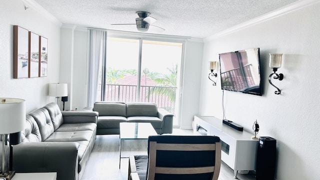 1801 N Flagler Dr Unit 622, West Palm Beach, FL 33407 - living room with ornamental molding, a textured ceiling, a ceiling fan, and light wood-type flooring