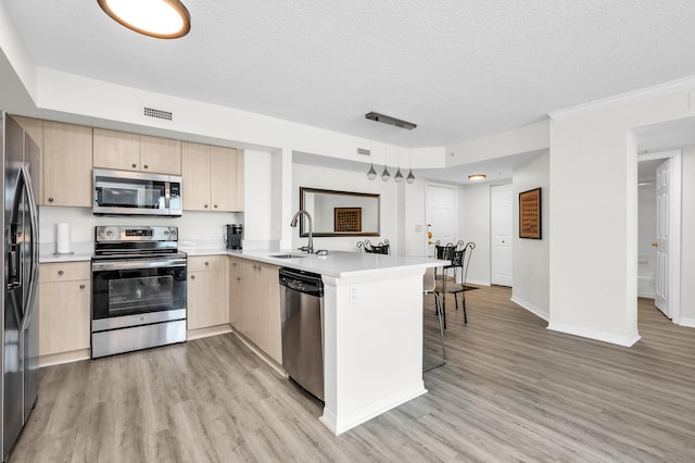 1801 N Flagler Dr Unit 622, West Palm Beach, FL 33407 - kitchen featuring stainless steel appliances, light brown cabinetry, a peninsula, light wood-type flooring, and a textured ceiling