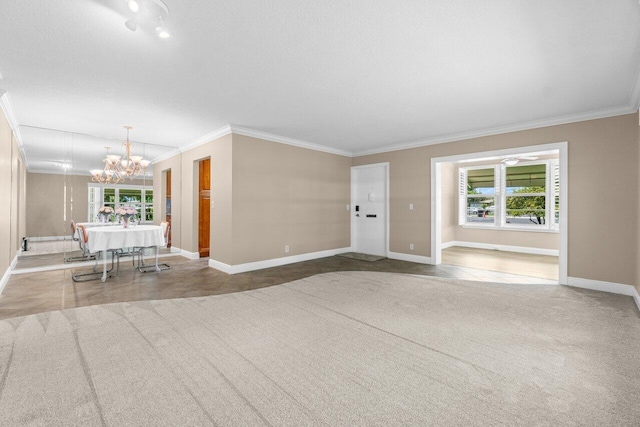 1012 Circle Ter E Unit A, Delray Beach, FL 33445 - unfurnished living room with ornamental molding, a chandelier, baseboards, and carpet flooring
