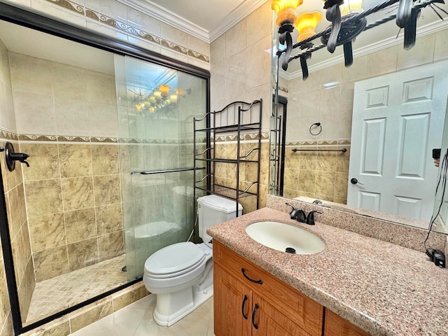 6074 Forest Hill Blvd Unit 107, West Palm Beach, FL 33415 - bathroom with ornamental molding, tile walls, a stall shower, tile patterned floors, and toilet