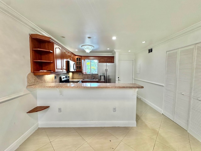 6074 Forest Hill Blvd Unit 107, West Palm Beach, FL 33415 - kitchen featuring appliances with stainless steel finishes, open shelves, a peninsula, glass insert cabinets, and ornamental molding
