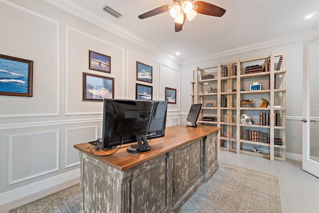106 Henry Sewall Way, Sewalls Point, FL 34996 - office with a decorative wall, ornamental molding, a ceiling fan, and recessed lighting