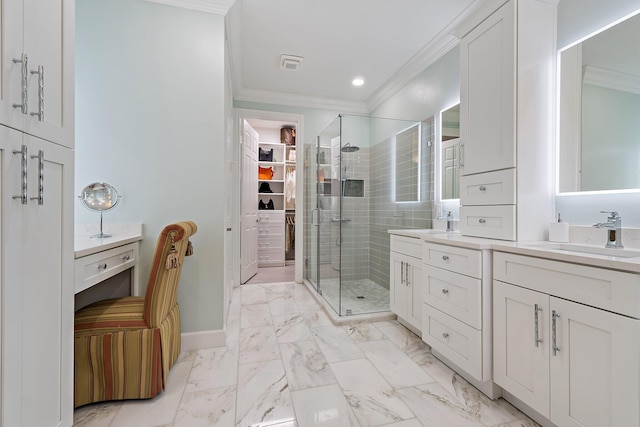106 Henry Sewall Way, Sewalls Point, FL 34996 - full bathroom featuring ornamental molding, a shower stall, vanity, a spacious closet, and baseboards