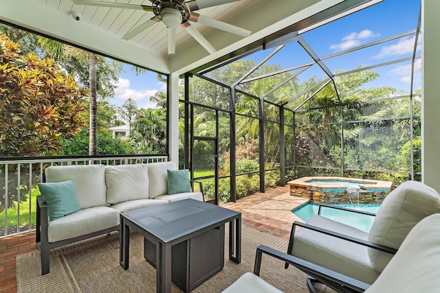 106 Henry Sewall Way, Sewalls Point, FL 34996 - view of patio / terrace with an outdoor living space, ceiling fan, a lanai, and a pool with connected hot tub
