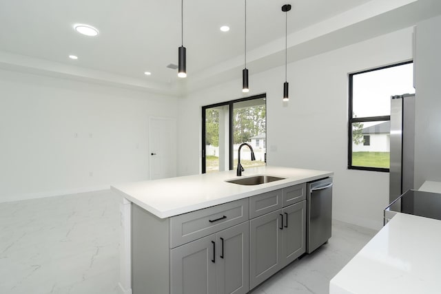 3810 29th St SW, Lehigh Acres, FL 33976 - kitchen featuring appliances with stainless steel finishes, a sink, light marble finish floors, recessed lighting, and gray cabinetry