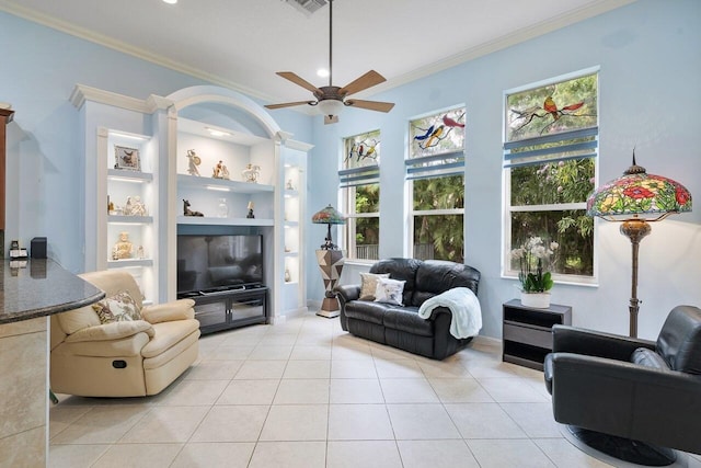 8351 Mastic Cay, West Palm Beach, FL 33411 - living area with crown molding, ceiling fan, light tile patterned floors, built in features, and recessed lighting