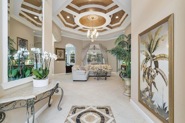 8351 Mastic Cay, West Palm Beach, FL 33411 - lobby featuring coffered ceiling, crown molding, a towering ceiling, and beam ceiling