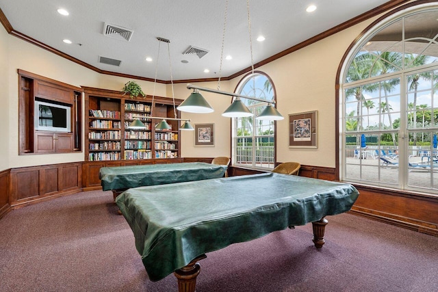 8351 Mastic Cay, West Palm Beach, FL 33411 - rec room featuring billiards, wainscoting, ornamental molding, recessed lighting, and carpet floors