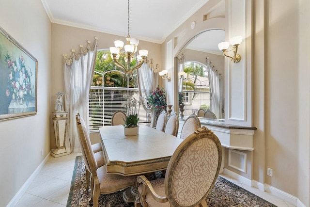8351 Mastic Cay, West Palm Beach, FL 33411 - dining room featuring a chandelier, ornamental molding, light tile patterned flooring, and baseboards