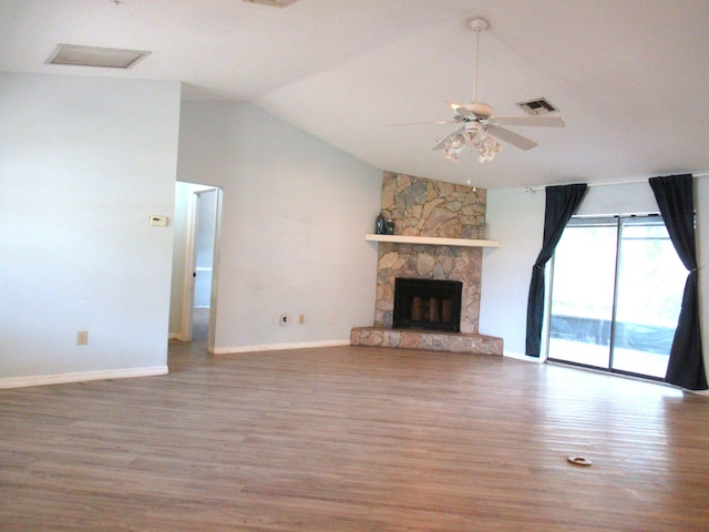 334 Brookedge Ter, Sebastian, FL 32958 - unfurnished living room featuring wood finished floors, lofted ceiling, a ceiling fan, and baseboards