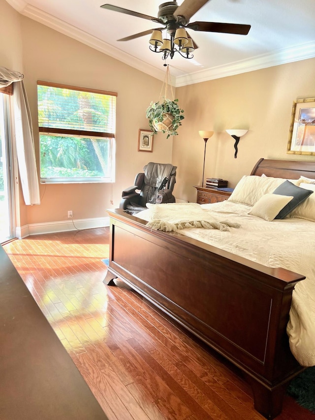 4920 Swans Ln, Coconut Creek, FL 33073 - bedroom featuring wood-type flooring, crown molding, baseboards, ceiling fan, and vaulted ceiling