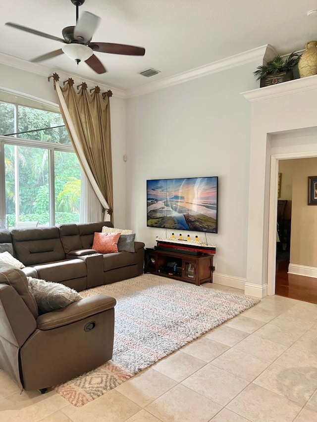 4920 Swans Ln, Coconut Creek, FL 33073 - tiled living room with a ceiling fan, ornamental molding, and baseboards
