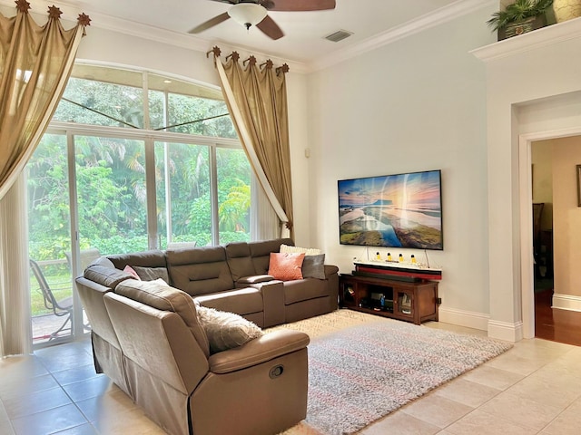 4920 Swans Ln, Coconut Creek, FL 33073 - living room with light tile patterned flooring, ceiling fan, crown molding, and healthy amount of natural light