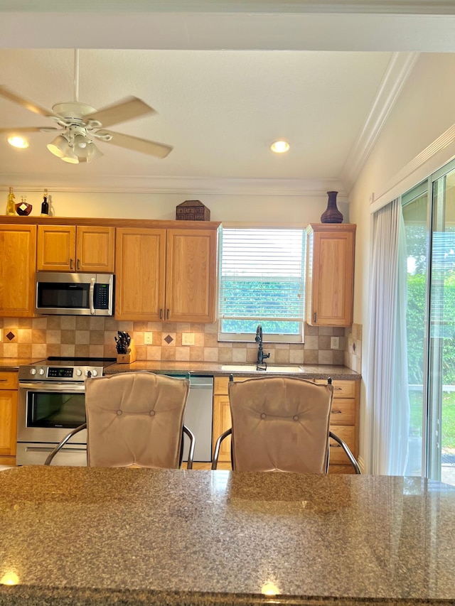 4920 Swans Ln, Coconut Creek, FL 33073 - kitchen with stainless steel appliances, crown molding, dark stone countertops, backsplash, and a sink