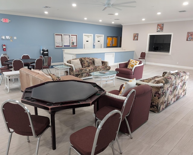 5229 Lakefront Blvd Unit A, Delray Beach, FL 33484 - living room with a ceiling fan, ornamental molding, recessed lighting, and light wood-type flooring