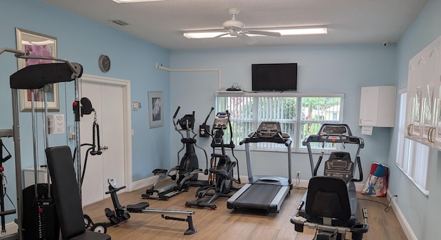 5229 Lakefront Blvd Unit A, Delray Beach, FL 33484 - exercise room featuring healthy amount of natural light, a ceiling fan, and wood finished floors