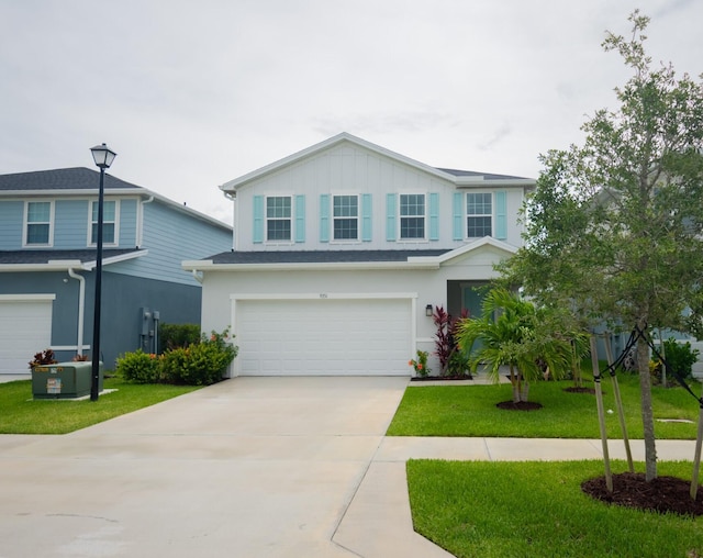9351 SW Serapis Way, Port Saint Lucie, FL 34987 - traditional home with an attached garage, board and batten siding, driveway, a front lawn, and stucco siding