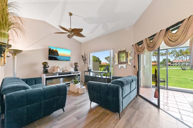 8178 Mooring Cir, Boynton Beach, FL 33472 - living area with ceiling fan, wood finished floors, and high vaulted ceiling