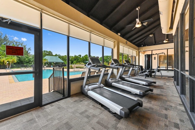 8178 Mooring Cir, Boynton Beach, FL 33472 - gym featuring ceiling fan, carpet flooring, and high vaulted ceiling