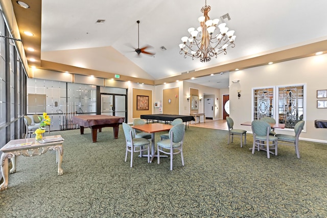 8178 Mooring Cir, Boynton Beach, FL 33472 - recreation room with carpet floors, billiards, a ceiling fan, and high vaulted ceiling