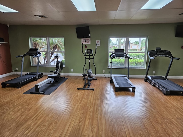 2941 Crrosley Dr W Unit E, West Palm Beach, FL 33415 - workout area with wood finished floors, baseboards, plenty of natural light, and a drop ceiling