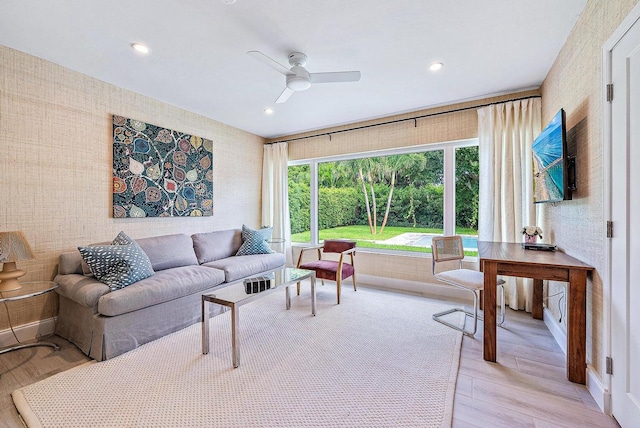 215 Cortez Rd, West Palm Beach, FL 33405 - living area featuring ceiling fan, light wood finished floors, recessed lighting, and wallpapered walls
