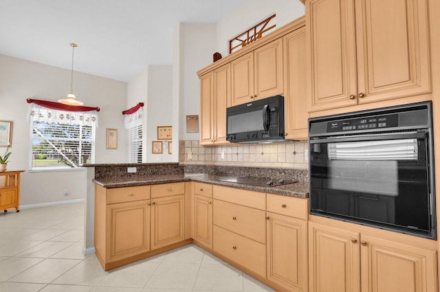 7144 Demedici Cir, Delray Beach, FL 33446 - kitchen with black appliances, a peninsula, backsplash, pendant lighting, and light tile patterned flooring