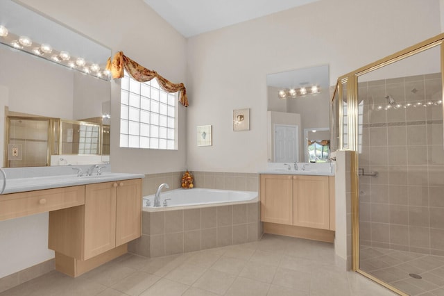 7144 Demedici Cir, Delray Beach, FL 33446 - full bathroom featuring a shower stall, tile patterned floors, and two vanities