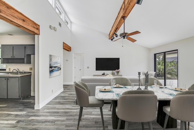 5666 SE Matousek St, Stuart, FL 34997 - dining space featuring wood finished floors, high vaulted ceiling, ceiling fan, beam ceiling, and baseboards