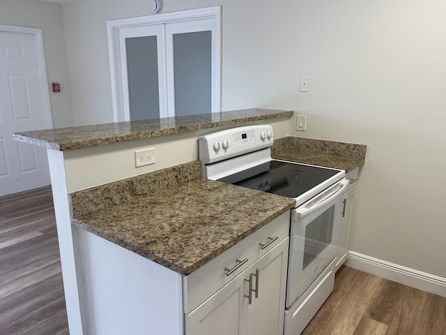 639 Executive Center Dr Unit O-204, West Palm Beach, FL 33401 - kitchen with white electric stove, wood finished floors, baseboards, white cabinetry, and stone countertops