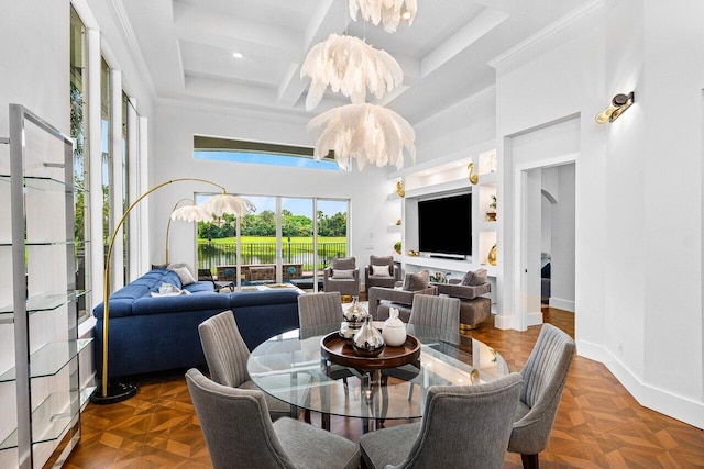 107 SE Santa Gardenia, Port Saint Lucie, FL 34984 - dining space with a chandelier, coffered ceiling, a towering ceiling, ornamental molding, and beamed ceiling
