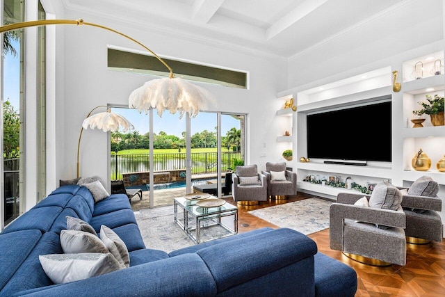 107 SE Santa Gardenia, Port Saint Lucie, FL 34984 - living area featuring ornamental molding, a towering ceiling, beam ceiling, and a chandelier