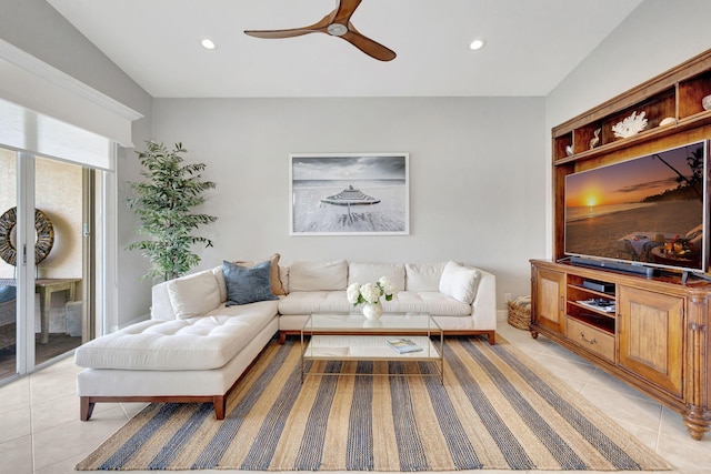202 Isle Verde Way, Palm Beach Gardens, FL 33418 - living room featuring light tile patterned flooring, a ceiling fan, and recessed lighting