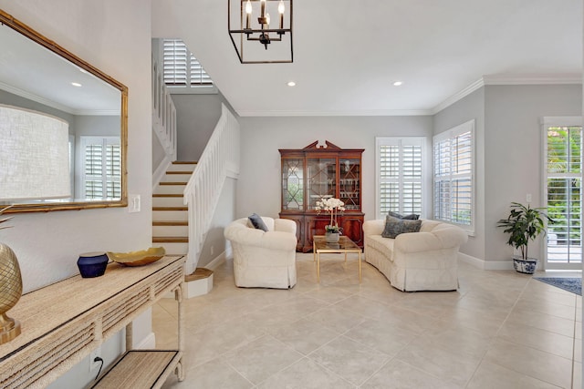 202 Isle Verde Way, Palm Beach Gardens, FL 33418 - living room with stairs, a chandelier, light tile patterned flooring, baseboards, and recessed lighting