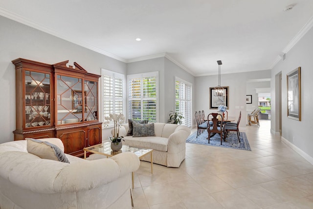 202 Isle Verde Way, Palm Beach Gardens, FL 33418 - living area with a chandelier, light tile patterned floors, crown molding, baseboards, and recessed lighting